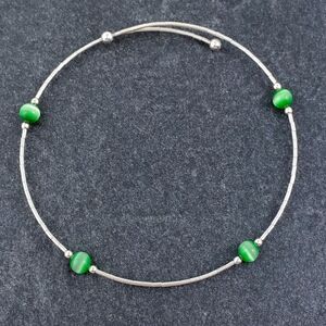 Women's Sterling Silver 925 Memory Wire Green Simulated Cat's Eye Bracelet 8"